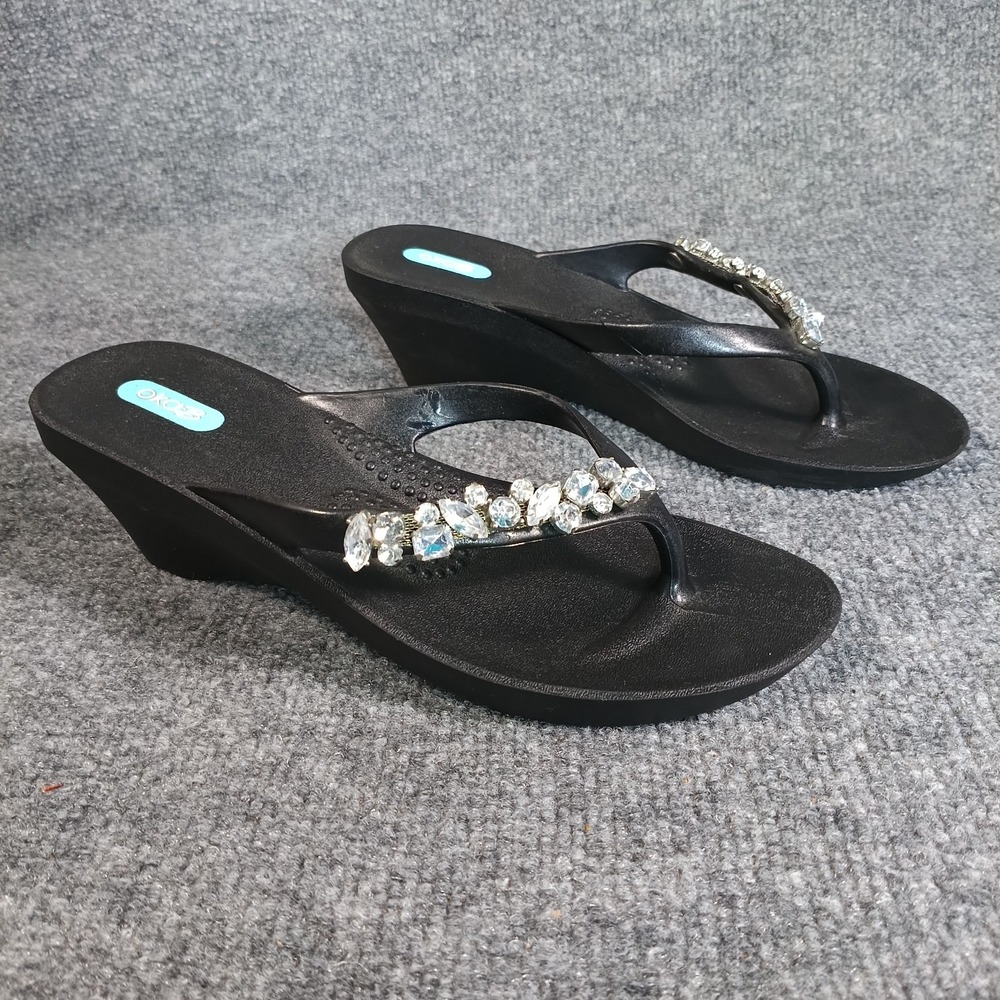 Oka B Wedge Flip Flops Women Medium Black Rhinestone Jeweled Sandals Dressy